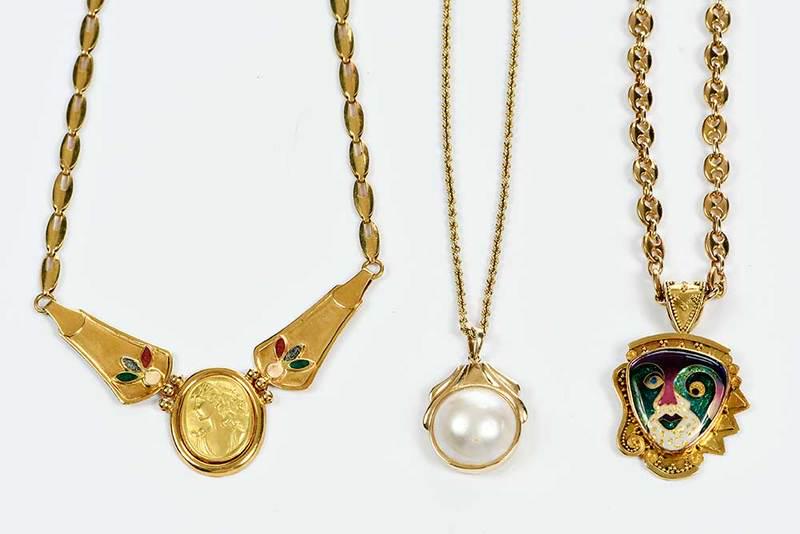 Three Gold Necklaces: pendant, granulation and cloisonne, hand engraved "R. Frank, 22K", Ricky Frank, 1-5/8 x 1 in., 10.5 grams, on fancy link chain stamped "585, 14K, Italy", 4.7mm wide, 20 in. lg., 21.4 grams,ÿlight wea