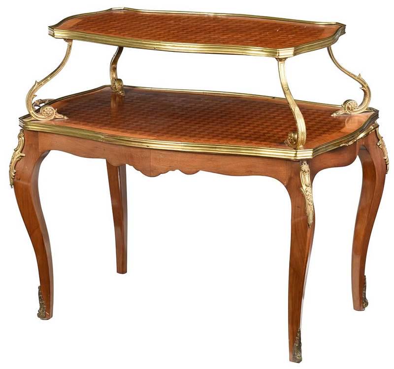 A Louis XV Style Bronze Mounted Parquetry Server: French, 20th century, two tier form, parquetry veneers, with two gilt bronze carrying handles, 31 x 39 x 22-1/2 in.; Provenance: Private Collection, Oklahoma City, Oklahoma