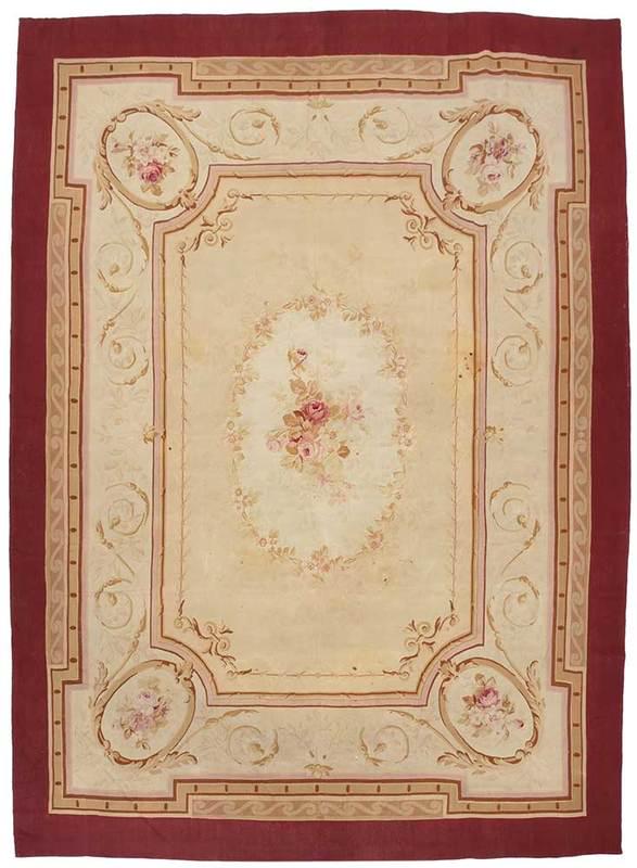 Aubusson Style Tapestry Rug: Continental, 19th/20th century, central floral medallion with scrolling inner border, 13 ft. 10 in. x 9 ft. 5 in.; Provenance: Private Collection, North Carolina