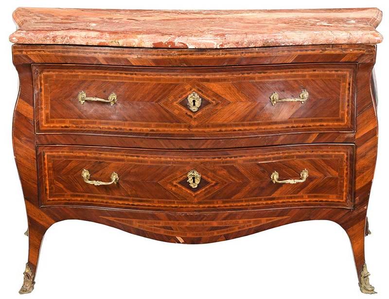 Italian Louis XV Inlaid Bombe Commode: Continental, 18th century, variegated salmon marble top, bombe form with two inlaid long drawers, gilt bronze pulls and mounts, 37-1/2 x 56 x 27 in.; Provenance: Private Collection, Oklahoma City, Okl