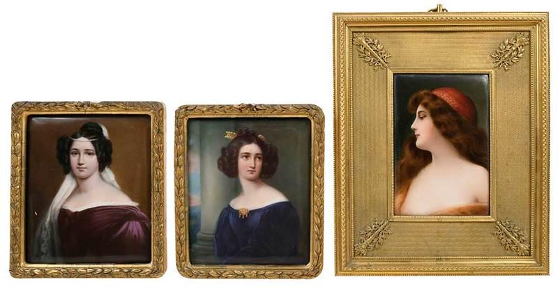 Three Hand Painted Porcelain Plaques: Continental, 19th/20th century, Portrait of Lady With Hat, signed "Wagner", marked "Gitana" verso, Hutschenreuther mark and impressed number "107" verso, 6 x 3-3/4 in.; Madam Devonshire, impressed num