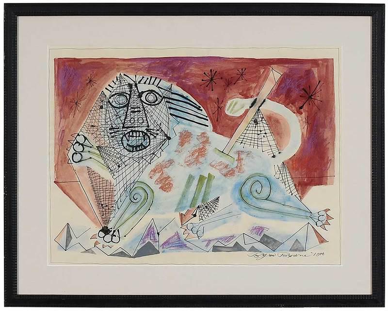 Byron Browne: (New York/New Jersey, 1907-1961)Wounded Lion, 1948, signed and inscribed verso "Byron Browne/1948/Wounded Lion/tempera, ink/N.Y.C.", tempera and ink on paper, 17 x 23 in. (sight); modern carved wood f