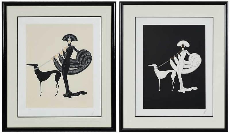Romain (Erte) De Tirtof: (Russian,ÿ1892-1990)Symphony in Black, signed "Erte", edition 27/300; Ebony and White, signed "Erte", edition 17/300; serigraphs on wove paper, largest 22-1/8 x 16-5/8 in.; modern black frames, large