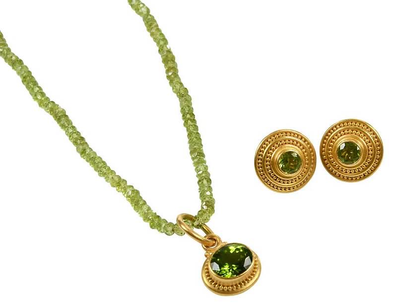 Denise Betesh Gold Peridot Necklace and Earrings: necklace, faceted peridot beads approx. 4mm each, pendant with oval faceted peridot estimated weight 5.75cts., 1-1/4 x 5/8 in., pendant and clasp stamped "db, 22K", yellow gold, 18-1/2 in. lg., 30.3 g