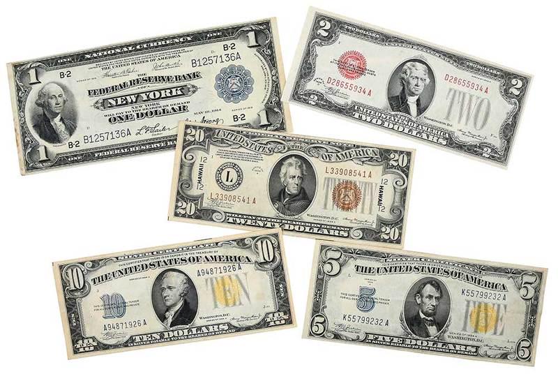 Group of U.S. Currency: over 25 notes, experimental "R" and "S" silver certificates; yellow seal North Africa $1 (x2), $5, $10; Hawaii $1, $20; "funny back" $1 (x2); series 1928-D star note $2; series of 1923 red seal $1 (x2