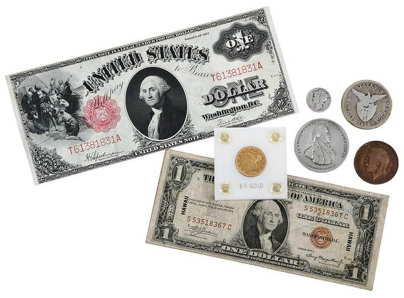 Group of Coins and Currency: 1882 Five Dollar Gold Coin; Tetradrachm of Ptolemaic Egypt, likely Ptolemy II; $9.80 face value in silver U.S. coinage; 19 foreign silver coins; five 1976 Mint Sets; four pewter American medals; two f