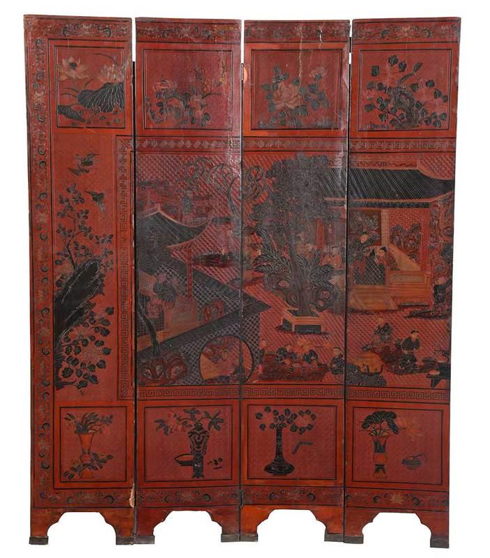 Chinese Lacquered Floor Screen: probably late 19th/early 20th, four panels with incised courtyard scenes and auspicious objects, 70 x 56 in.; Provenance: A Private New York Collection