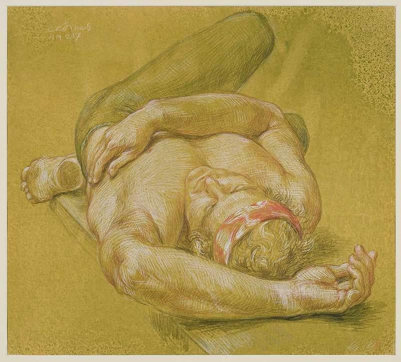 Paul Cadmus: (Connecticut, 1904-1999)ÿÿDancer with Red Head Band, NM 207, 1987, signed upper left "Cadmus" and inscribed, crayon on Strathmore paper toned with acrylic, 16 x 18-1/8 in.; metal frame, 24-1/4 x 25-