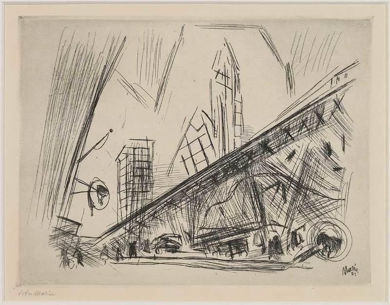John Marin: (American, 1870-1953)Downtown, The El, signed on plate "Marin 21" and signed in pencil "John Marin", etching on wove paper, sight 7-1/2 x 9-1/2 in.; framed 13-5/8 x 15-1/8 in.; Provenance: Estate of H