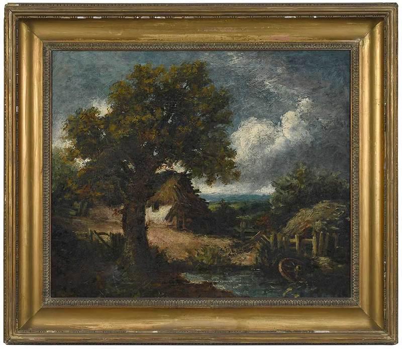 Manner of John Constable: (British, 1776?1837)Cottage and Pond, unsigned, oil on canvas, 25-1/4 x 30-1/4 in.; gilt wood and composition frame, 33-1/4 x 38-3/8 in.; Provenance: Philbrook Art Club, Tulsa, Oklahoma
