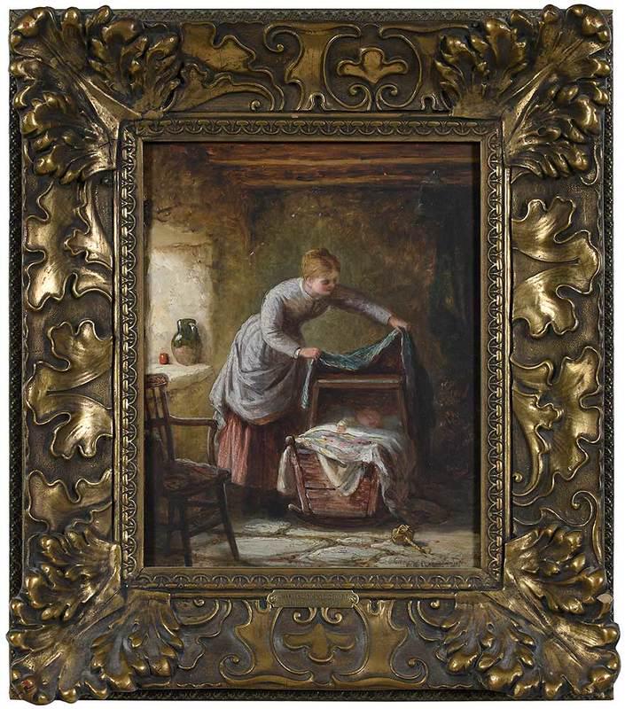 Charles Stuart: (British, 1854-1904)The Young Mother, 1890, signed indistinctly lower right "Chas. Stuart", signed and inscribed verso, oil on artist board, 10 x 7-7/8 in.; original gilt wood and composition frame, 1