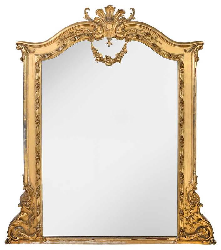 Large Neoclassical Gilt and Carved Pier Mirror: late 19th century, carved wood and composition ornament with central garland and leafy scrolled supports,ÿ77 x 70-1/2 x 4 in.; Provenance: Private Collection