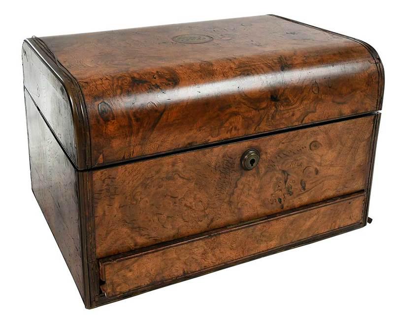 Burl Wood Travel Case: British, late 19th century, burl wood and ebonized fitted travel case with mirrored top, single drawer, marks for "Pearson and Son Makers", lock marked "Bramah London", top with inlaid brass monogram,