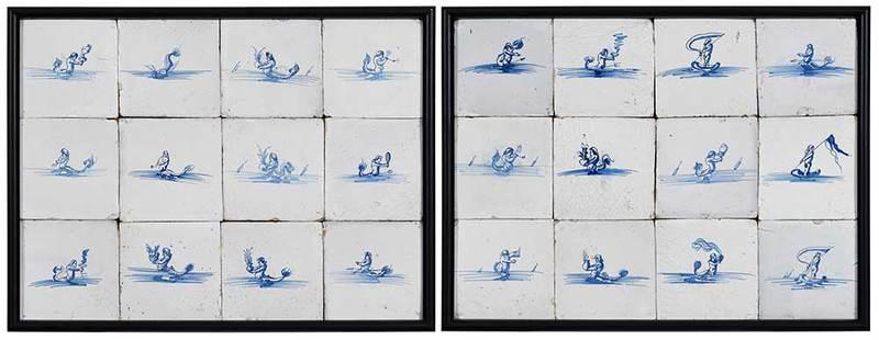 24 Framed Delftware Tiles with Merpeople: Dutch, 17th/18th century, two framed twelve tile panels, tiles depicting merpeople with objects and weapons, most with pinholes in corners, each tile approximately 5 x 5 in.; modern frames, each 16 x 