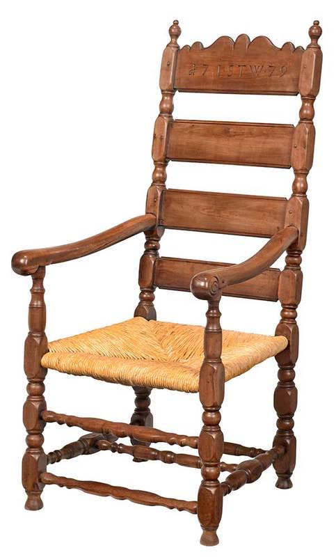 American William and Mary Cherry Great Chair: Pennsylvania or New York, crest inscribed "i.STW 1779", with scalloped crest, ring and baluster turned frame and stretchers, cherry throughout, 48-1/2 in.; Provenance: Private New England Collection