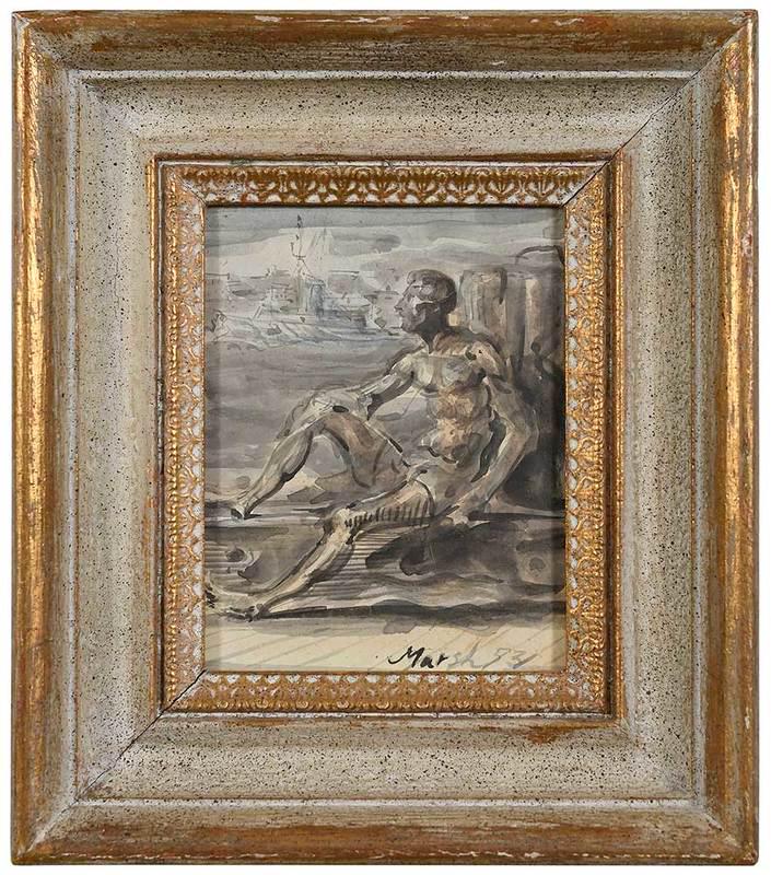 Reginald Marsh: (New York/Vermont, 1898-1954)Sitting on the Dock, 1953, signed lower right "Marsh 53", mixed media on gessoed panel, 5 x 4 in.; modern carved gilt woodÿframe, 8-1/2 x 7-1/2 in.;