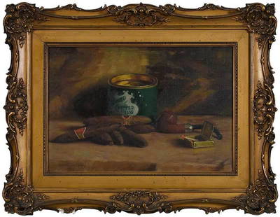 John Willard Raught: (Pennsylvania, 1857-1931)Still Life with Smoking Equipment, oil on canvas board, signed lower left "John Willard Raught 1909", 9 x 13 in.; carved gilt wood and composition frame, 14 x 18 in.; Note: Ex