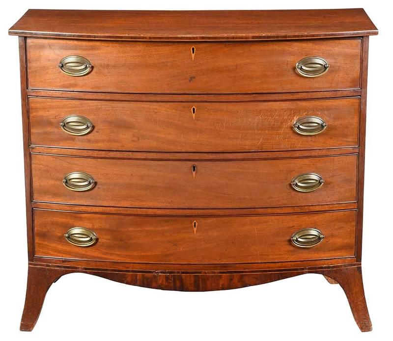 American Federal Inlaid Mahogany Bow Front Chest: circa 1800, dovetailed drawers with inlaid kite escutcheons on tall French feet, rosewood banded top, 36 x 41-1/2 x 21-1/4 in.; Note: ?This lot contains animal or plant material that may be restricted