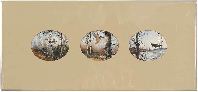 David Hagerbaumer: (American,ÿ1921-2014)Wildlife Triptych featuring Ruffled Grouse, Woodcock, and Turkey, each signed "David Hagerbaumer 1966", watercolor on paper, each oval panel 4 x 5 in.; unframed; Provenance: Priv