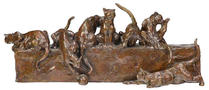 Dan Ostermiller: (Colorado/Wyoming, born 1956)Nine Lives, 2004, edition 16/20, signed "Dan Ostermiller, 04", patinated bronze, 8 x 18-1/2 x 6 in.; Provenance: A Private New York Collection