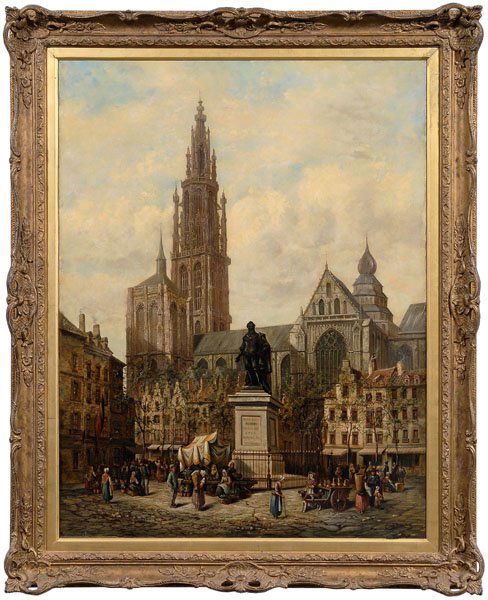 Henry Thomas Schafer painting: (British, 1854-1915), Our Lady's Cathedral of Antwerp and square with statue of Peter Paul Rubens, signed lower right "Henry T. Schafer 1887", oil on canvas, 34 x 44 in.; 20th century gilt wood and co