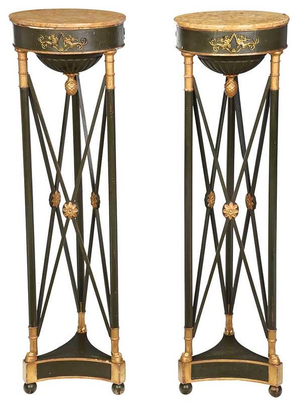 Fine Pair of Directoire Style Urn Stands: 20th century, painted olive green with gilt rosettes, capitals, and hoof feet, ormolu mounts and marble tops, 42-1/4 x 12 in., Provenance: Collection from an Important American Family