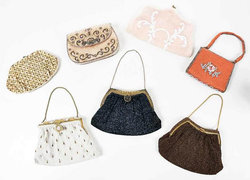 Seven Vintage Beaded Purses: two with jeweled clasps, 4 x 5-1/2 in. to 5-1/4 x 8-1/2 in., Provenance: Estate of Vera Bowen Munson