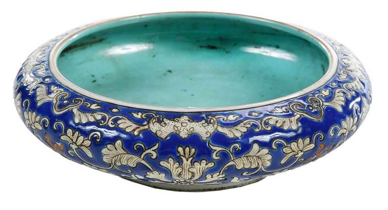 Chinese Blue Enamel Decorated Floral Bowl: possibly 20th century, or water pot, with bats and wan symbols, gilt accents, Da Qing Jiaqing Nian Zhi mark to base, 5-1/2 in., Provenance: Edwards Living Estate, Hendersonville, North Carolina