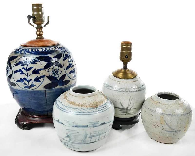 Four Blue and White Jars, Two Fitted As Lamps: Chinese/Korean, 19th/20th century, floral and landscape motifs, two electrified on wood bases, largest 13-3/4 in., Provenance: Estate of Judge and Mrs. Charles Neese, Greeneville, Tennessee; By Descen