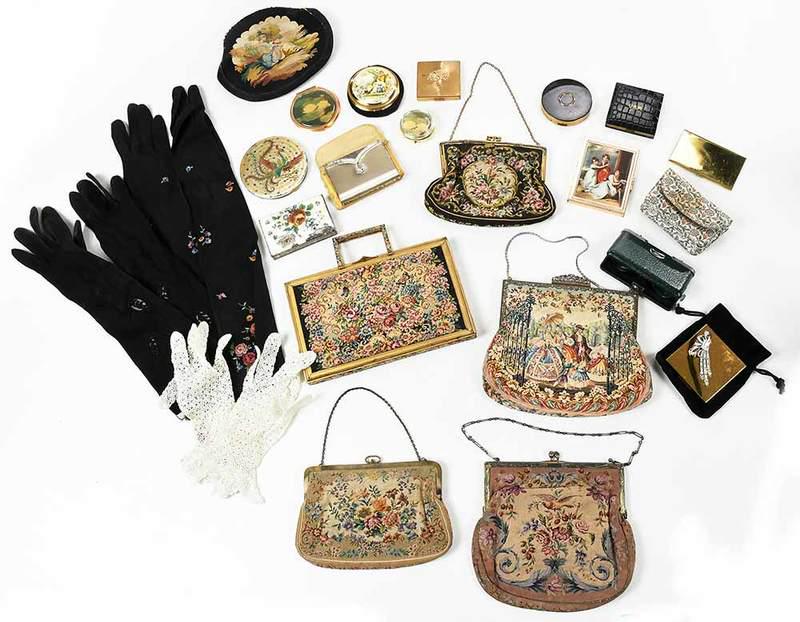 Assorted Group of Vintage Purses and Accessories: six fabric bags including tapestry, needlepoint and brocade; two pairs opera glasses in cases; three pairs gloves; 12 compacts and card cases, some with outer cases, largest 7 x 8 in., Provenance: Est
