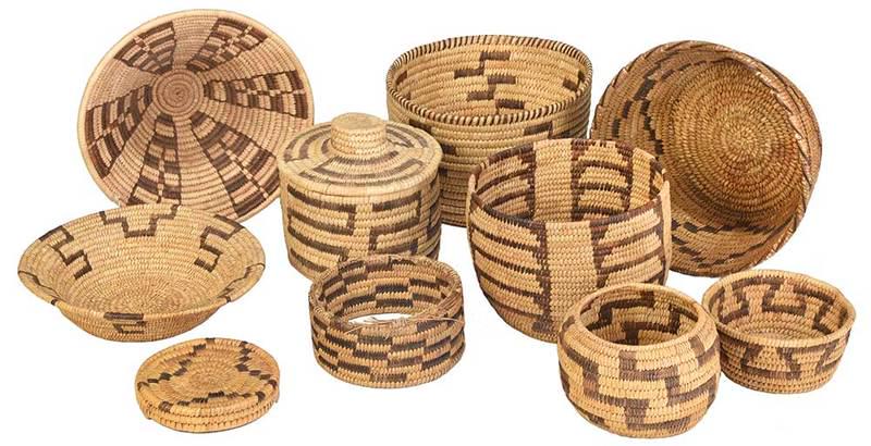 Ten Coiled Native American Baskets: American Southwest, 20th century, all with geometric decoration, one lidded basket with knob handle, one conical shaped bowl, six assorted bowls and utility baskets, coaster and one unfinished weaving