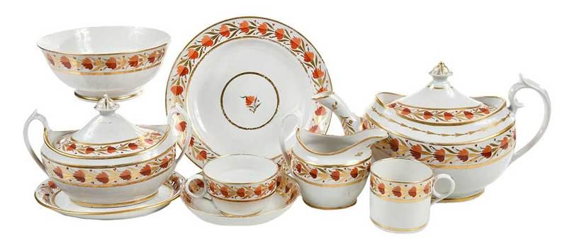 34 Piece Gilt and Iron Red Partial Tea Service: British/Continental, probably 19th century, hand painted garland decoration, comprising eight teacups, nine demitasse cups, nine saucers, two luncheon plates, one bowl, small oval tray, gravy boat, cr