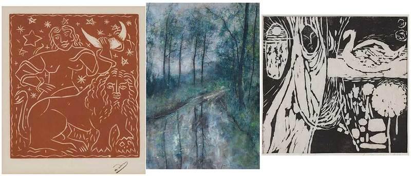 Three Modern Works of Art: Landscape, signed indistinctly "Jan Tuec" (?), tempera and ink, 15-1/8 x 10-7/8 in.;Andre Derain (French, 1880-1954), Zodiac, stamped signature, woodcut, Collector's Guild, publisher, 7-1/8 x 6-3/8'';