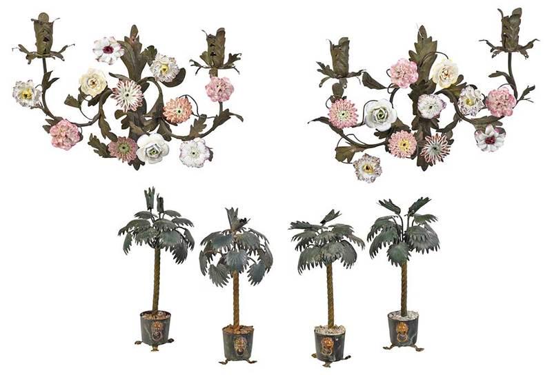 Pair Metal Floral Sconces, Palm Tree Sculptures: Continental, 19th/20th century, pair two arm sconces, branch and leaf form arms with painted and molded porcelain flowers, 8-3/4 x 13 in.; four miniature painted metal palm trees in claw foot pots, 9 