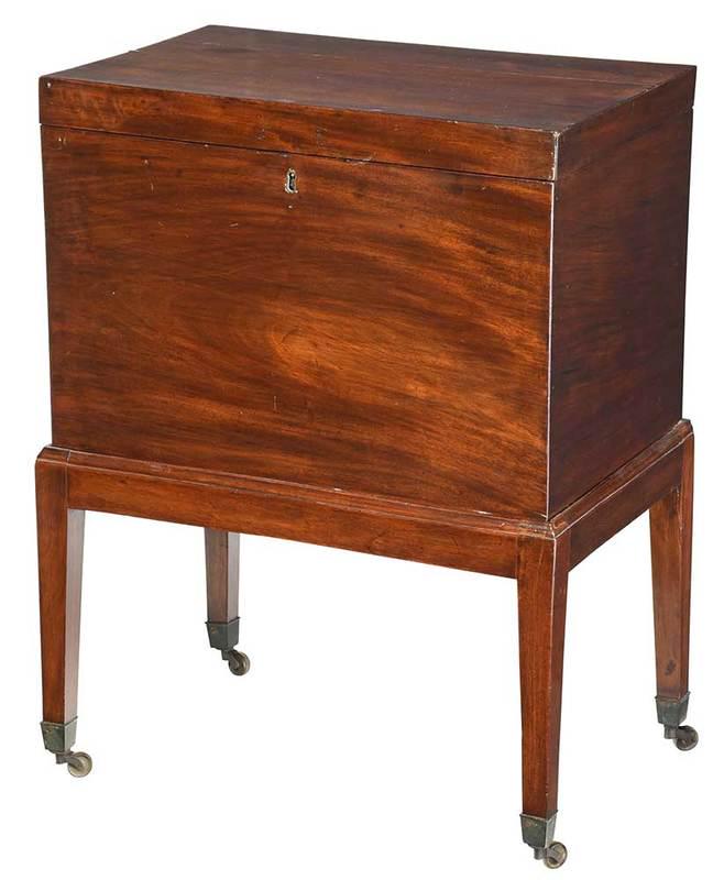 Georgian Mahogany Cellarette On Frame: British, 19th century, case supported on frame with brass casters, pine secondary, 31 in. x 24 in. x 16 in., Provenance: Private Collection, Athens, Georgia