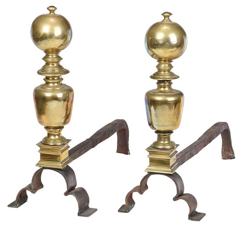 Pair Baroque Brass Andirons: Continental, 18th century, square plinths with baluster and ball shafts, wrought iron scroll feet, 21-1/2 x 9-1/2 x 25-1/4 in., Provenance: Private Collection, South Carolina