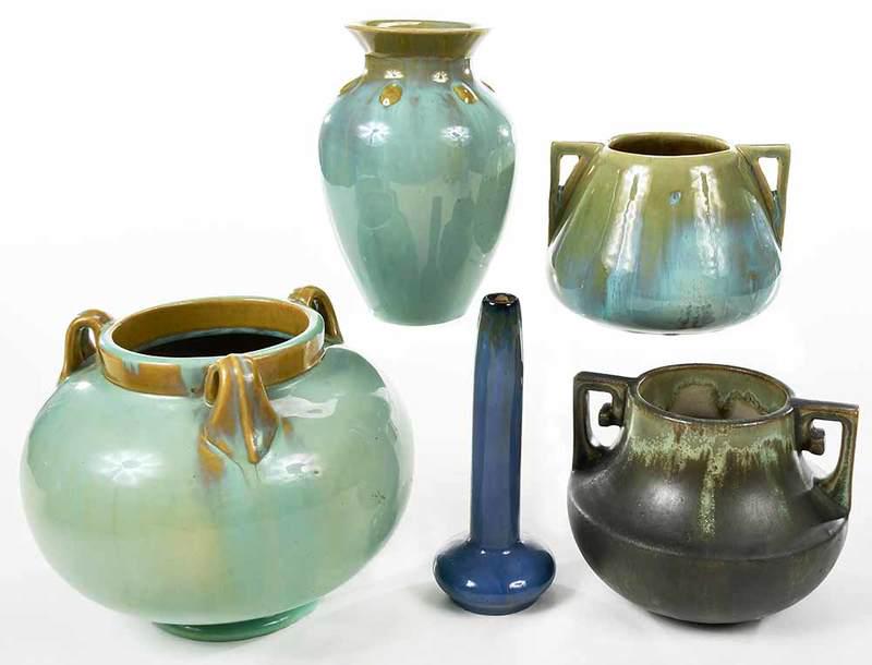 Five Fulper Art Pottery Vases: American, 20th century, three pieces in similar pale blue and green crystalline glaze: vase, 6-3/4 in.; vase with two angled handles, 4-1/4 in.; vase with three loop handles, 6-1/2 in.; matte leopard 
