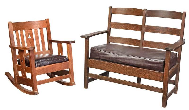 Limbert Double Settee With Rocking Chair: American, 20th century, oak with branded mark, #829, 44-1/4 in.; Limbert rocking chair with arrow cut out design, #504,, Provenance: Private Collection, North Carolina