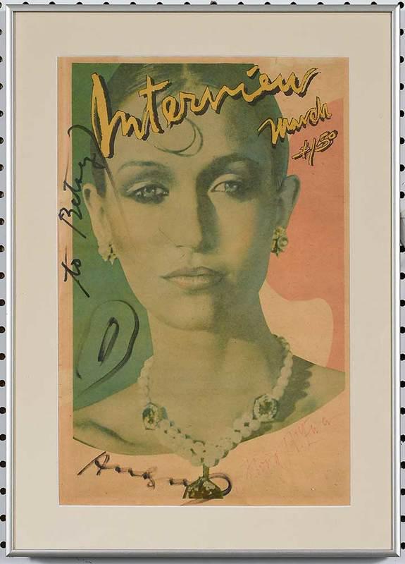 Signed Andy Warhol Interview Magazine Cover: American, 20th century, March issue of Interview?magazine, signed by Andy Warhol with doodle illustration, signed by cover model,?Flora McEwen, sight 16-1/4 x 10-3/4 in.; modern metal frame 20-1/8 x 1