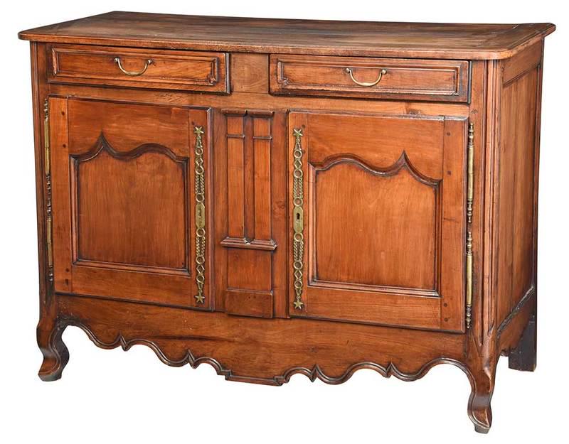 Provincial Louis XV Fruitwood Sideboard: incorporating some period elements, two raised panel drawers and doors, brass hardware, 39-1/2 x 3-3/4 x 24-1/4 in., Provenance: Private Collection, Asheville, North Carolina