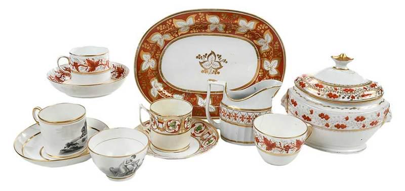 43 Pieces Assembled China with Similar Patterns: British, 19th century, an assembled service of six different patterns with iron red and gilt designs, many with grapevine motif, including service of 11 tea cups, six coffee cups, eight saucers, and f