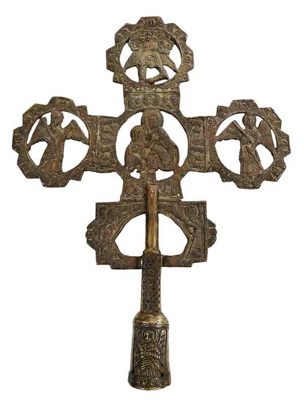 Byzantine Style Bronze Processional Cross: possibly North Africa, Byzantine or Byzantine style, possibly Coptic, central figures of Madonna and child with angels on each of the arms, 18 x 14 in.
