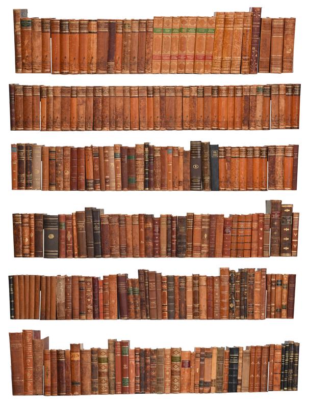 Over 250 Books Foreign Language Library: most three quarter leather bound with marbled boards, some with marbled endpapers and marbled edges, Provenance: Private Collection, Charleston, South Carolina