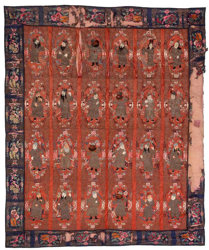 Large Chinese Silk Embroidery of the Immortals: Qing dynasty, six vertical rows depicting figures of the eight Immortals, silk and couched metallic thread on red silk ground, blue floral border, later cotton backing, 76 x 63 in.