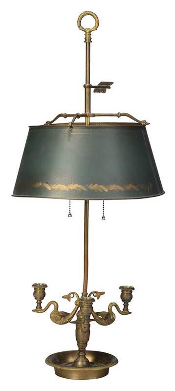 Bronze Bouillette Lamp: French, early 20th century,?three gilt metal candle arms with swan supports, central shaft with two lights, adjustable tole shade, 31-1/2 in., Provenance: Estate of Judge and Mrs. Charles Neese, Green