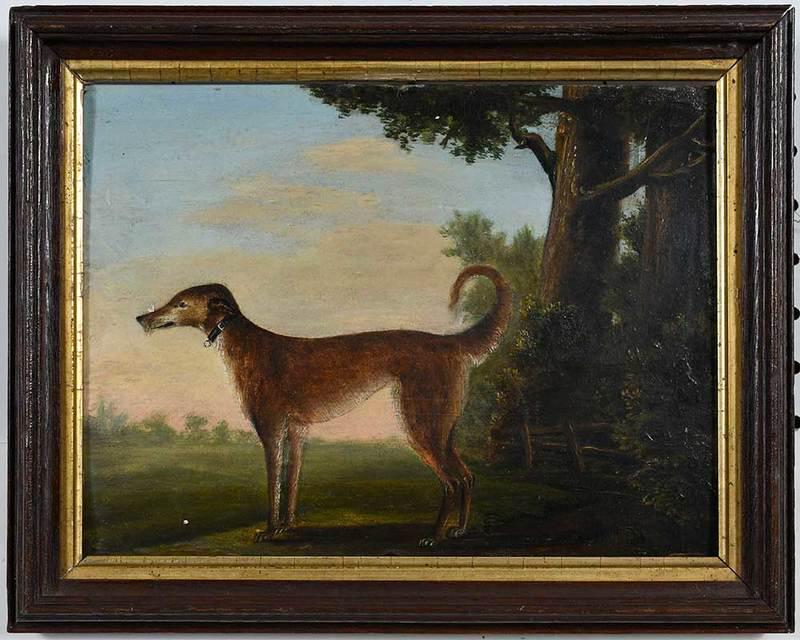 British School: (18th/19th century)Hound, unsigned, oil on paper laid on panel, 8-1/2 x 11-5/8 in.; wood frame, 11 x 13-3/4 in.?, Provenance: Collection from an Important American Family
