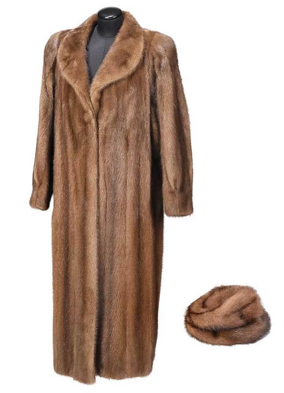 Full Length Mink Coat and Mink Hat: brown mink with shawl collar, 52 in. length, size 12; with brown mink hat, label for "Boutique Canada", with box