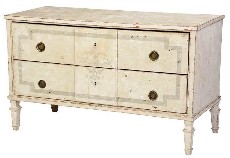 Swedish Neoclassical Paint Decorated Commode: Continental, late 18th/early 19th century, painted white with grey stenciled decoration, tapering legs, two dovetailed drawers, probably original hardware, 31 x 52 x 21-3/4 in., Provenance: Private Co