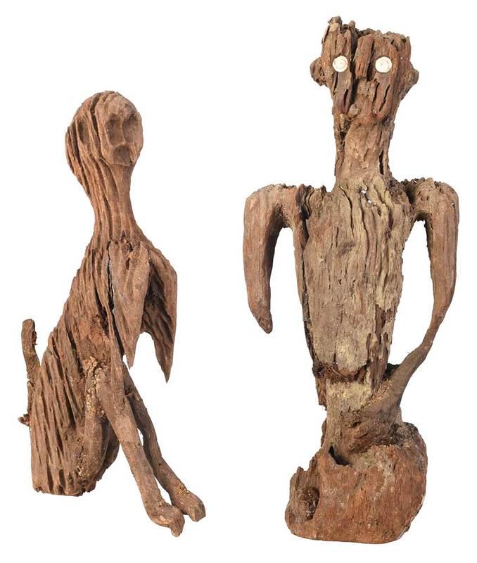 Dayak Tribe Wooden Guardian Figures: Indonesian, both figures wooden, one with shell eyes, 23 in. and 27 in., Provenance: Indonesian Islands Art, 1980s; Edwards Living Estate, Hendersonville, North Carolina