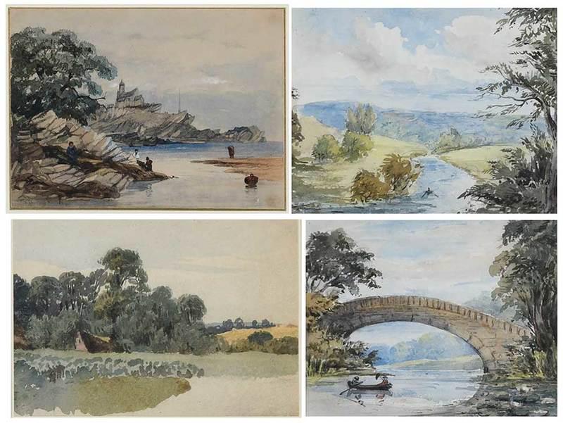 Four British Miniature Watercolors: Ilfracombe Lighthouse, Devon, attributed to Samuel Prout (1822-1911),?unsigned, 4-3/8 x 6-1/2 in.; Country Scene, John Flower (1793-1861),?unsigned, 4 x 5-1/2 in.; two unsigned watercolors of rivers, 